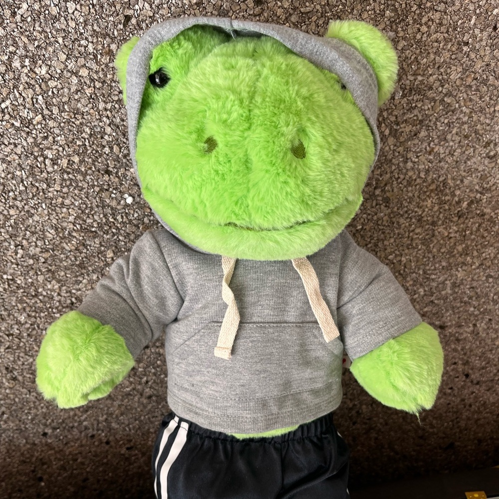Build-A-Bear Green frog with Gray Hoodie outfit